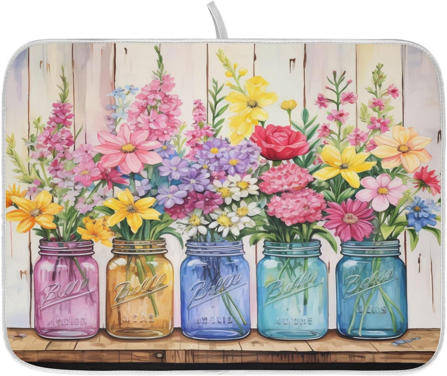 Spring Floral Jars Rustic Dish Drying Mat for Kitchen Counter Absorbent Microfiber Small Drying Pad Flowers Dish Mats for Kitchen Countertops 16 x 18 Inch