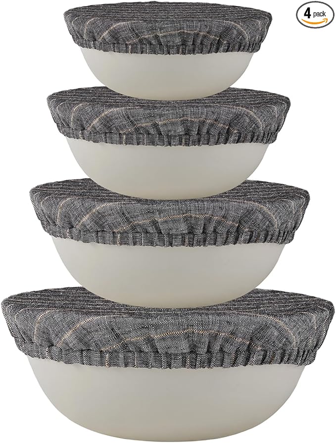 100% Pure Linen Bowl Covers For Bread Proofing, 4 Pcs Elastic Reusable Bowl Covers Large Ticking Striped Cloth Fabric Stretch Sourdough Lids, 6 * 8 * 10 * 12 Inches- Black