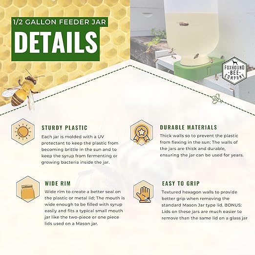 Foxhound Bee Company - Extra Large Plastic Feeder Jars with UV Protection, Small Mouth Neck, Holds Over 1/2 Gallon, Designed for Beekeepers