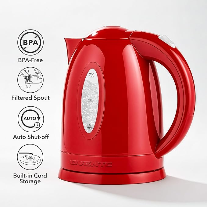 OVENTE Electric Kettle, 1.7L Fast Boiling Water Heater for Coffee or Tea, BPA Free with Water Level Gauge, Auto Shut-Off, Boil-Dry Protection, Indicator Light and Removable Filter, Red KP72R