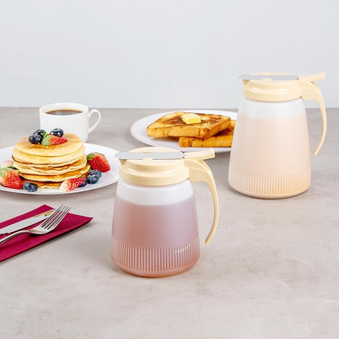Restaurantware-Chef 101 32 Ounce All Purpose Syrup Dispenser, 1 Honey Dispenser - Beige Top, Stainless Steel Slide Cover, Plastic Pancake Syrup Bottle, Perfect For Diners, Restaurants, Home