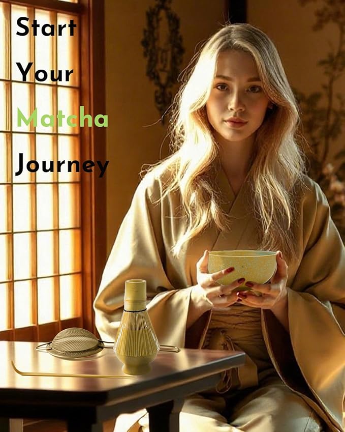 Matcha Whisk Set,Matcha Set,Matcha Kit,Matcha Bowl with Spout,Scoop,Sifter,Bamboo Whisk,Chasen Holder,Unique Gifts for Women Grifend,Gifts for Christmas, Birthday,Halloween(Yellow)
