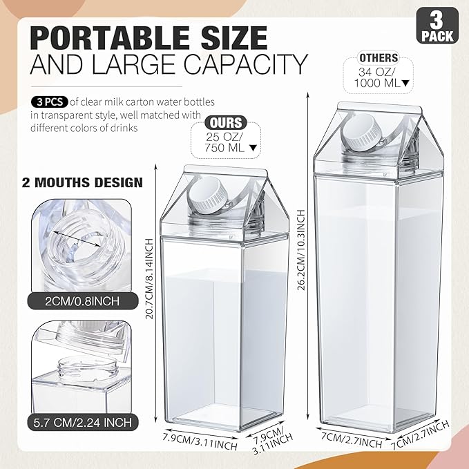 Remerry 3 Pcs Milk Carton Water Bottle Square Plastic Coffee Portable Reusable Milk Carton Cup Leakproof Juice Bottle