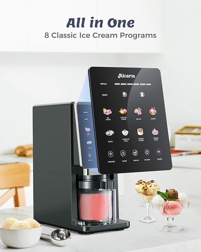 Alcarin Ice Cream Maker with 3 Pints(Not Freezer) Homemade Slushie Gelato Yogurt Sorbet Frozen Treat Machine 10 Pre-set Program Respin & Mix-in