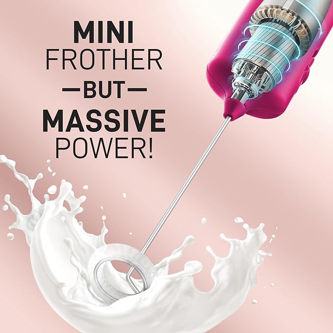 Mini & Mighty Milk Frother Wand – Handheld Coffee Frother, Battery Operated Drink Mixer – Compact Pocket Size – Detachable Whisk for Latte, Cappuccino, Matcha, Hot Chocolate – Dragon Fruit Pink