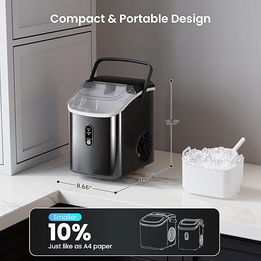 Antarctic Star Countertop Nugget Ice Maker, 34 Lbs/24H, Stainless Steel Pebble Ice Machine, One-Click, Self-Cleaning, Compact Ice Maker with Basket & Scoop, for Kitchen Office Bar, Steel Black