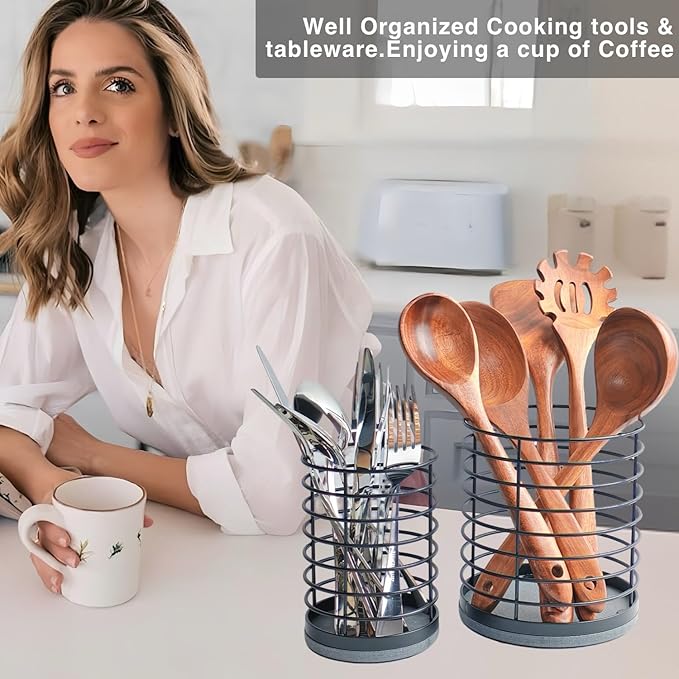 Set of 2 Utensil Holder, Large Metal Kitchen Utensil Holder and Small Silverware Holders with Diatomite Stone Base, Prevents Water Buildup, Utensil Drying Rack for Cooking Tools&Silverware, Black
