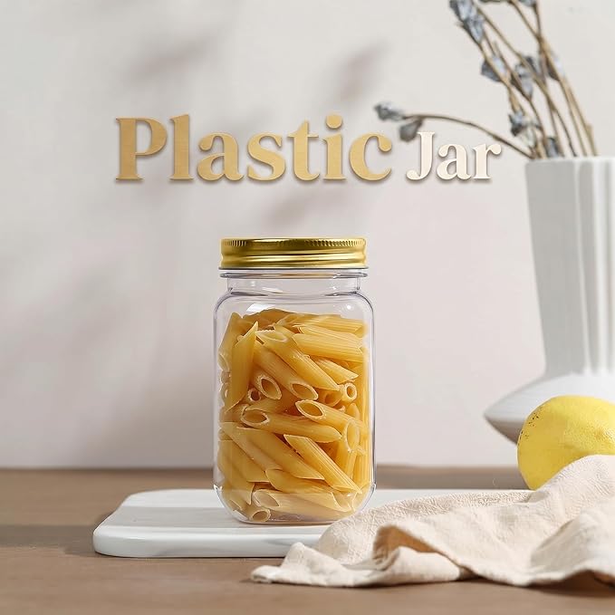 novelinks 16 oz Clear Plastic Jars with Lids, Refillable 16oz Mason Jars with Lids & Storage Containers for Kitchen & Household Use (20 Pack,Gold)