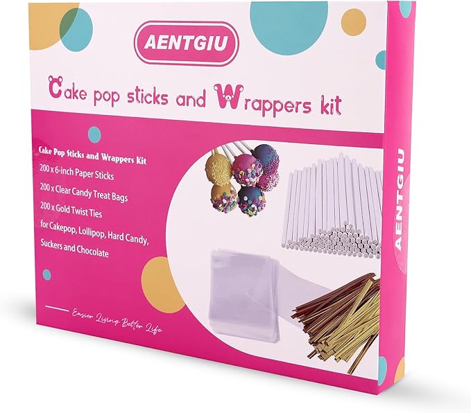 600PCS Cake Pop Sticks and Wrappers for Valentine's Day, Including 200pcs 6-inch Paper Lollipop Sticks, 200pcs Parcel Bags, 200pcs Gold Twist Ties for Lollipop, Candy, Chocolate, Marshmallows