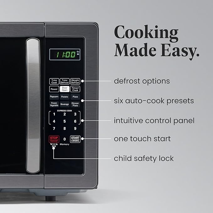 Farberware 1.1 Cu. Ft. Countertop Microwave Oven – 1000 Watts Power, Auto Cook Settings, Defrost, Easy Clean and Child Safety Lock - Stainless and Black