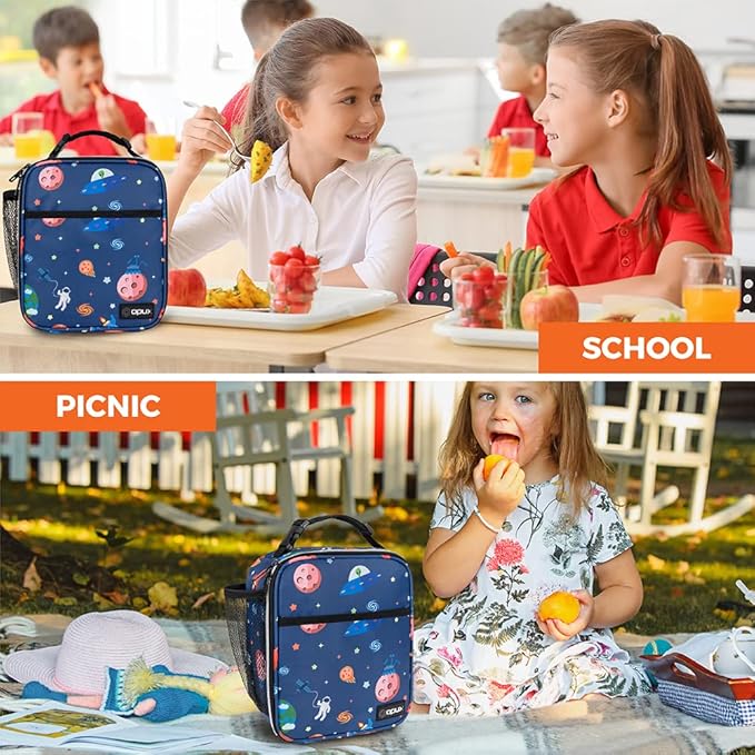 opux Premium Insulated Lunch Box, Soft School Lunch Bag for Kids Boys Girls, Leakproof Small Lunch Pail Men Women Work, Reusable Compact Cooler Tote Lunchbox for Office, Space Astronaut