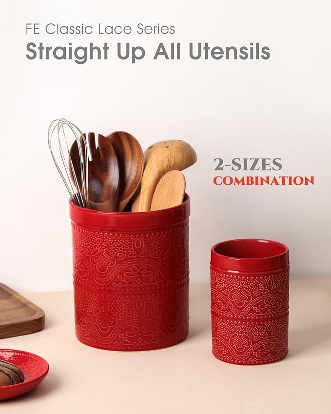 FUN ELEMENTS Kitchen Utensil Holder, 7.2+5.5" Super Large Utensil Crock Heavy and Stable Lace Emboss Ceramic Utensil Holder for Kitchen Counter (2Pcs Christmas Red)