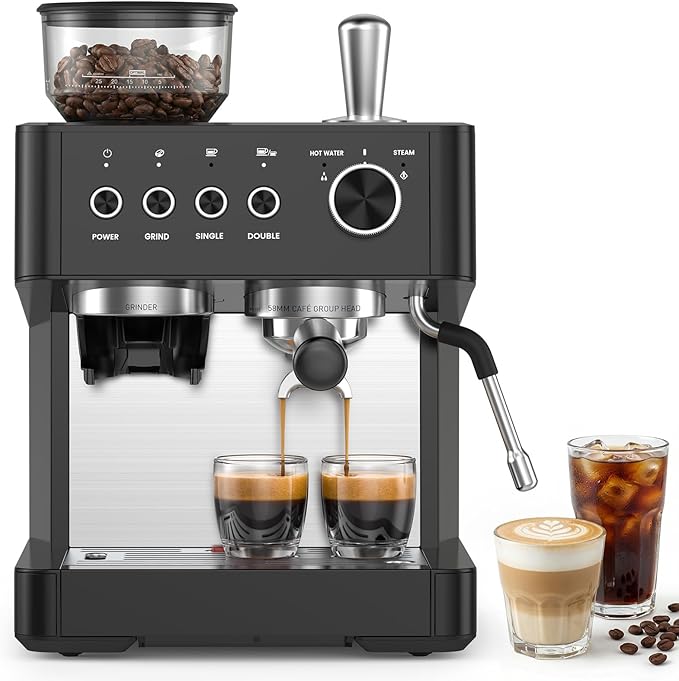 Kndko Espresso Machine with Grinder & Milk Frother, 20 Bar Espresso Coffee Machines with Removable Water Tank, Cappuccino & Latte Machine for Home, Black