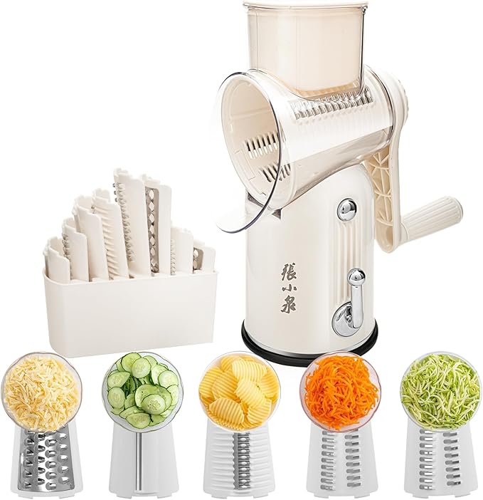 ZHANG XIAO QUAN SINCE 1628 5-in-1 Interchangeable Blades Rotary Cheese Grater Hand Crank, Cheese Shredder Mandoline Vegetable Julienne Slicer Cutter Nut Chopper with Anti-Slip Base, Cream