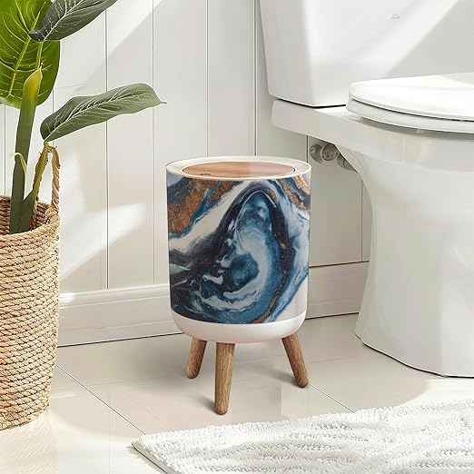 Trash Can with Lid Abstract Agate Blue Gold Seashore Fluid Horizontal Press Top Round Small Garbage Bin with Wooden Legs Waste Basket for Kitchen Bedroom Nursery 7L/1.8 Gallon