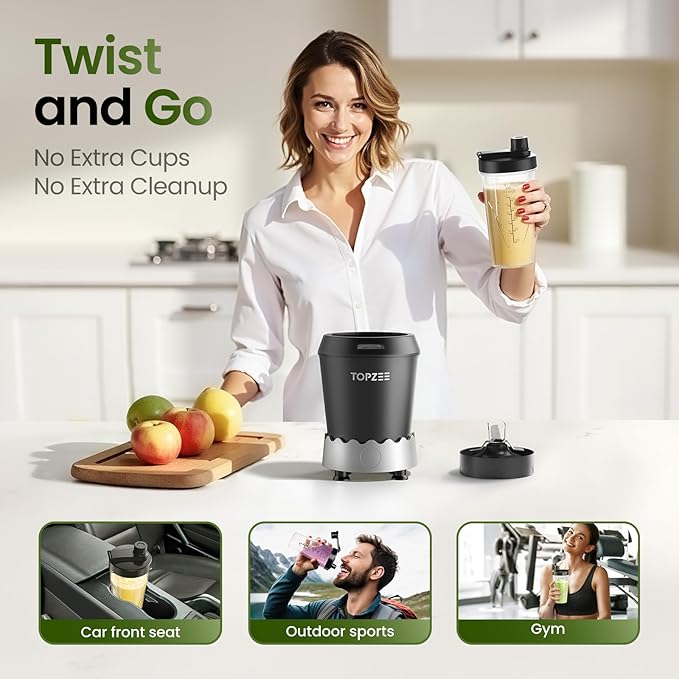 TOPZEE Personal Smoothie Blender, 1000W Single-Serve Blender with 24oz To-Go Cup, Twist-On Start/Stop, for Protein Shakes & Smoothies, Compact Countertop Blender, Black