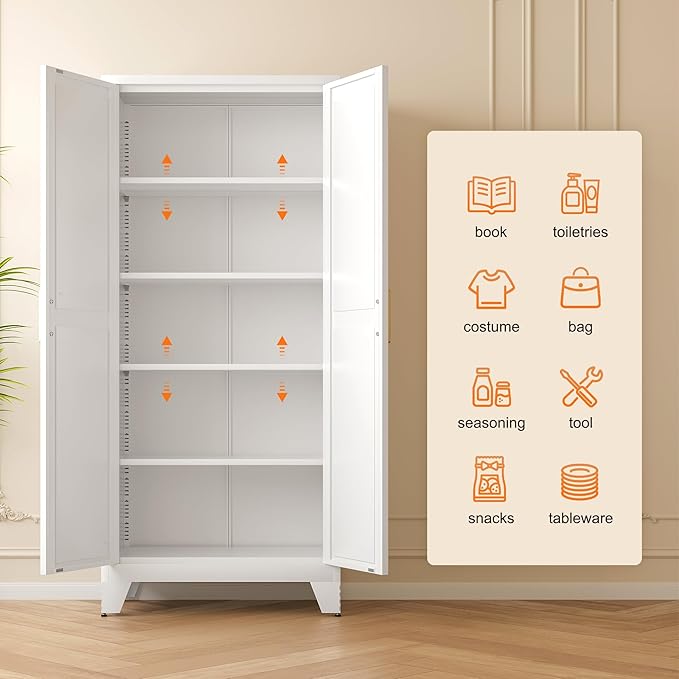 71" Tall Metal Storage Cabinet with 2 Doors and 4 Adjustable Shelves, 5-Tier Kitchen Pantry Storage Cabinet for Kitchen, Living Room, Dining Room and Office, White