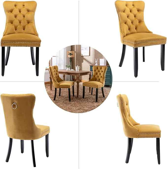 Velvet Dining Chairs Set of 2, Upholstered Dining Room Chairs with Back Ring Pull Trim and Solid Wood Legs,Tufted Wingback Kitchen Chair Perfect for Dining Room,Living Room,Kitchen(Gold)