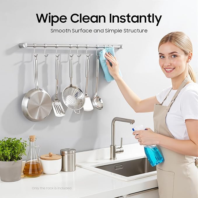 Kitchen Hanging Racks, 304 Stainless Steel 20 Inch Rail Utensil Storage Hanger with 10 Pcs Noiseless Sliding Hooks, Wall Mounted Rod Holder for Pots Pan Spatula Spoon Cookware Mug Cup