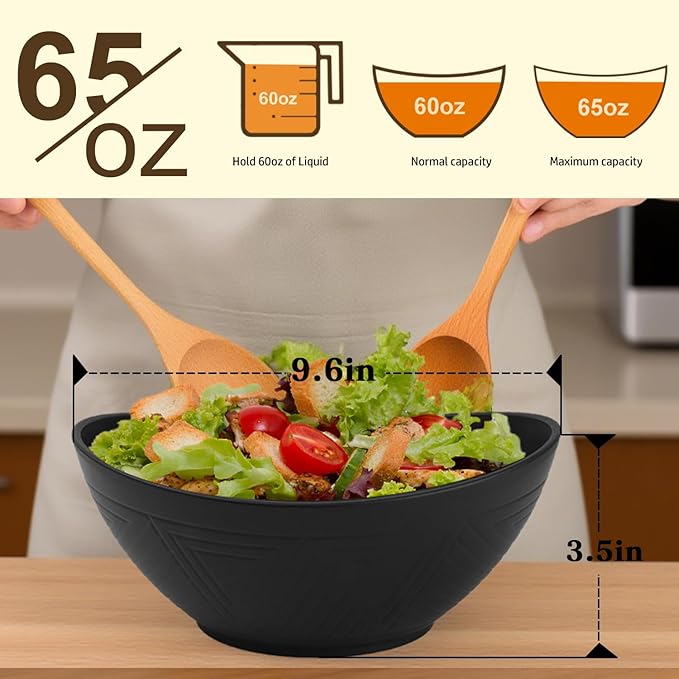 Homienly Wheat Straw Bowls Set of 6, 60 OZ Salad Bowl Large Capacity for Soup, Popcorn - Unbreakable Serving Bowl - Microwave & Dishwasher Safe Bowl, Alternative for Plastic Bowls for Kitchen - Black