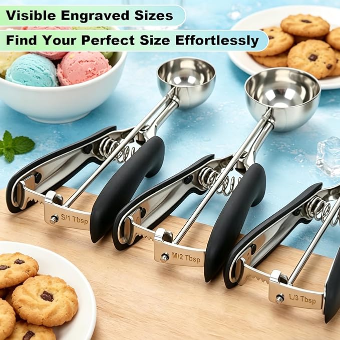 Cookie Scoop Set of 3,Black Cookie Scoops for Baking with Engraved Sizes,18/8 Stainless Steel Ice Cream Scoop with Non-Slip Soft Rubber Handles,Dough Scoopers for Cupcakes,Meatballs,Muffins