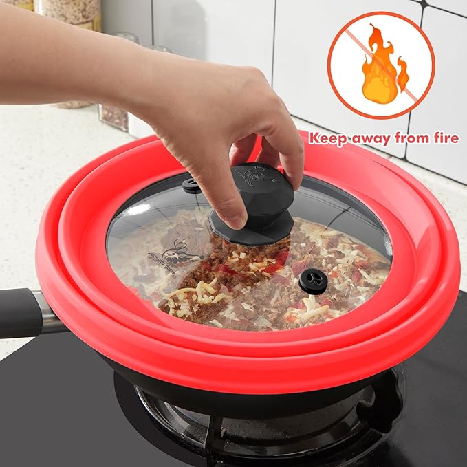 Microwave Splatter Cover Vented Glass Splatter Guard Lid with Collapsible Silicone for Food as Pot Cover 11.8 inch Large Plate for 6 7 8 9 10 11 inch Plate Bowl Red