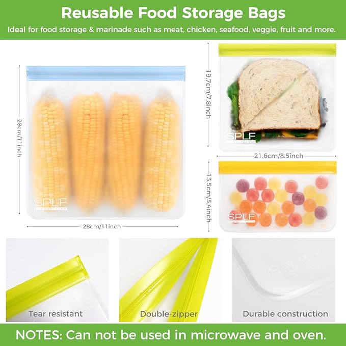 SPLF 6 Pack Reusable Gallon Freezer Bags Dishwasher Safe, BPA Free 1 gallon Leakproof Silicone and Plastic Free Food Storage Bags for Meal Prep, Fruits, Sandwich, Snack, Travel Items - Muticolor