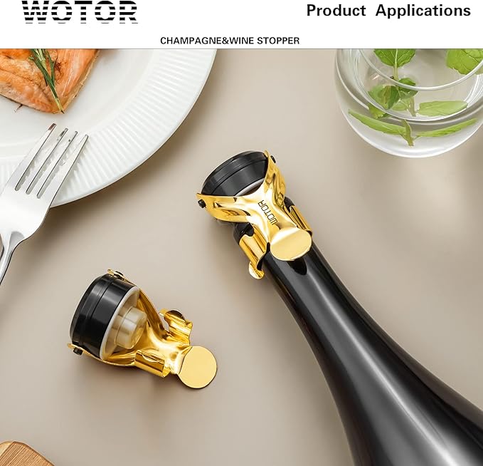 WOTOR Champagne&Wine Bottle Stoppers Stainless Steel with Food Grade Silicone, Leak Proof Keep Fresh Reusable Saver, Cork Suitable for Wine, Champagne, Cava, Prosecco and Sparkling (12 Pack Gold）