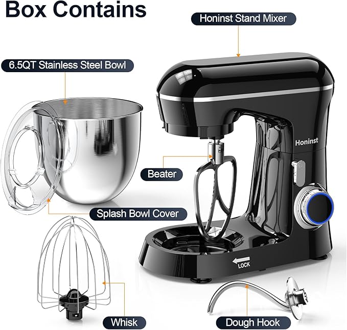 Honinst Stand Mixer, 6.5QT 10-Speed Tilt-Head Electric Stand Mixer, 3-In-1 Kitchen Mixer with Bowl, Dough Hook, Whisk and Beater, Food Mixer for Baking, Cake and Most Home Cooks, Black