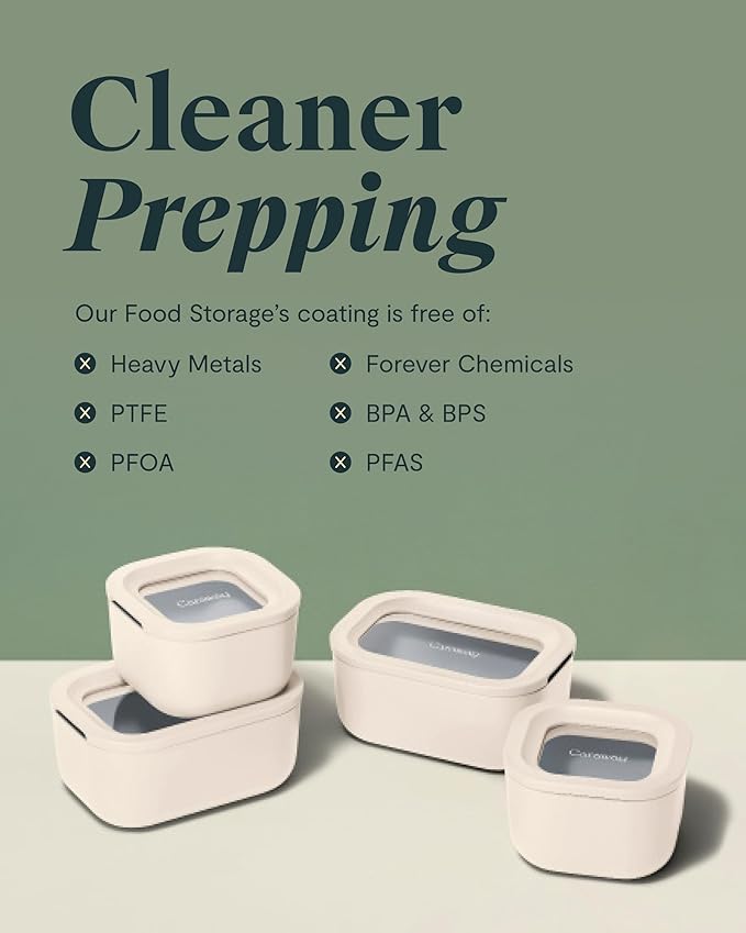 Caraway 6pc Food Storage Container Set - 1.75 Cup Glass Storage Container for Food (6) - Non-Toxic Ceramic-Coated Glass - Air Release Technology - Compact & Stackable Design - Perracotta