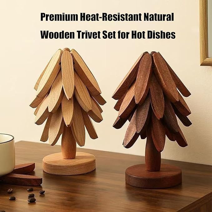 Natural Wood Tree Trivet Set, 𝐍atural Tree Trivet Set - 4 Wooden Trivets,4 Wooden 𝐓rivets & 1 Stand Like a Christmas Trees,for Hot Dish,Pot,Bowl,Teapot,Hot Pot Sets (Walnut Finish 4 Trivets,1set)