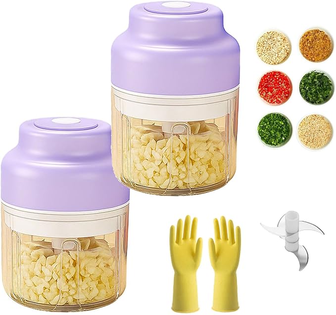 Household Electric Garlic Crusher, Cordless Mini Chopper With USB Rechargeable, Portable Food Processor for Garlic, Onion, Chili, Nuts, Vegetables (2 PCS Purple)