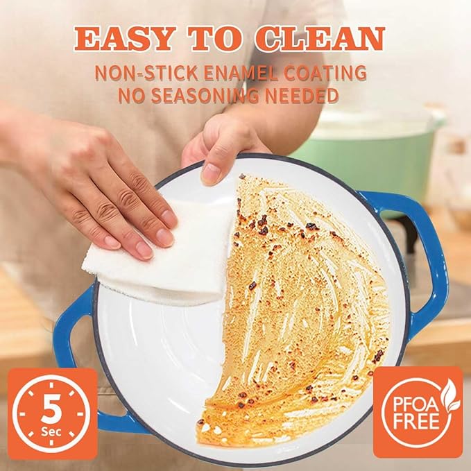 Enameled Cast Iron Dutch Oven Braiser, 3.8 Quart Enamel Skillet Pot with Lid - Heavy Duty and Dual Handles, Oven Safe Frying Pan for Family or Friends Gifts, Blue