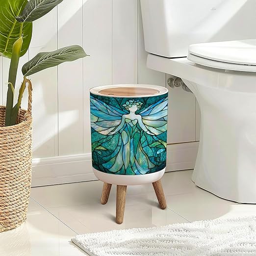 Trash Can with Lid Delicate Flower Fairy Teal Stained Glass Art Press Top Round Small Garbage Bin with Wooden Legs Waste Basket for Kitchen Bedroom Nursery 7L/1.8 Gallon