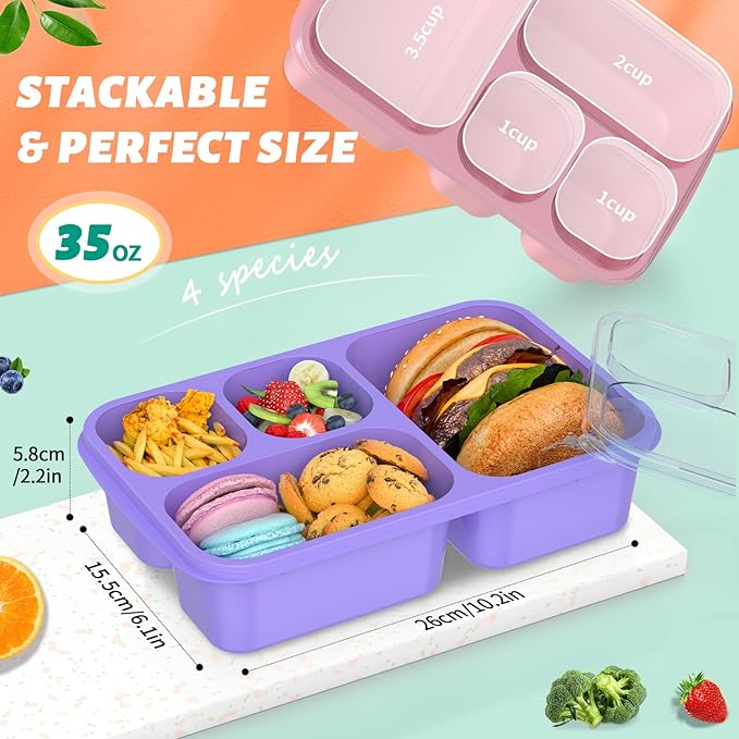 Bento Lunch Box - 4 Pack, 4-Compartment Meal Prep Containers, Adult Bento Box, Microwave & Dishwasher Safe (PP(Blue))