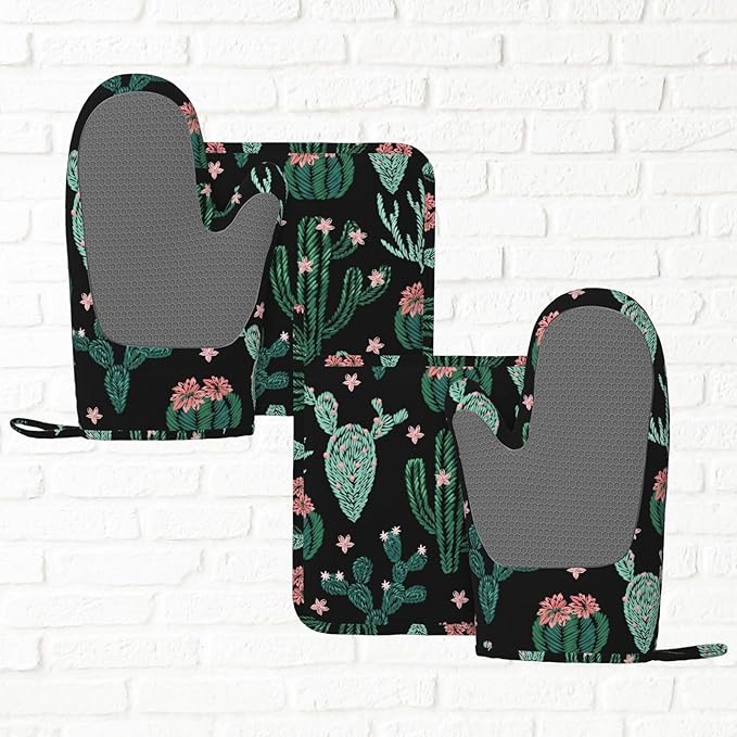 Trendy Cactus Oven Mitts and Pot Holders Sets of 4, Heat Resistant Silicone Oven Mittens and Potholders Gloves Hot Pads for Kitchen Cooking Baking Grilling BBQ Chef