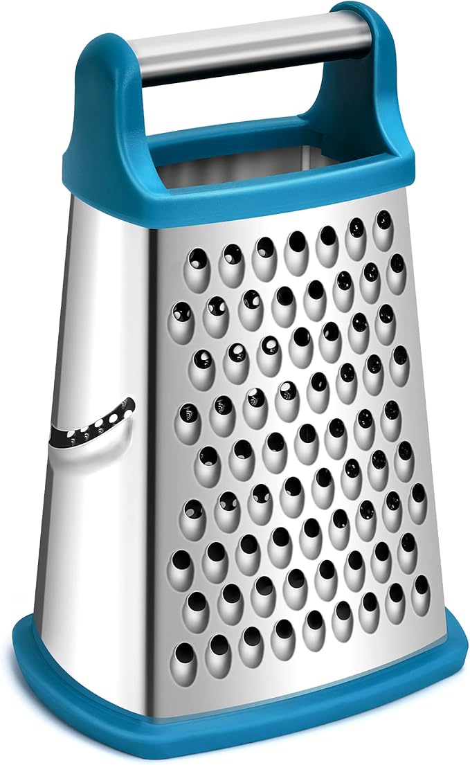 Rainspire Professional Box Grater, Cheese Grater Box for Kitchen Stainless Steel with 4 Sides, Cheese and Spice Graters with Handle for Vegetables, Ginger, Potatoes, Blue