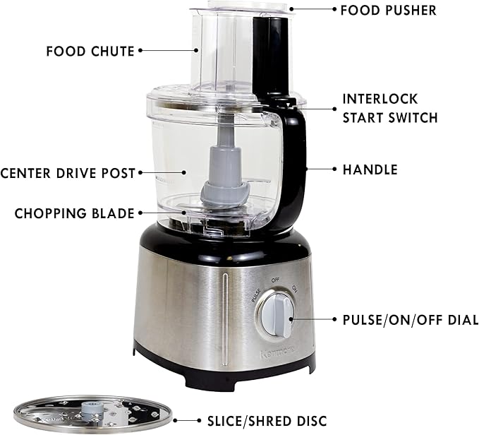 Kenmore 11-Cup Food Processor and Vegetable Chopper with Reversible Slicing/Shredding Disc, Chop, Slice, Shred, Mince, Grate, Puree, Stainless Steel, 500W, Black and Silver
