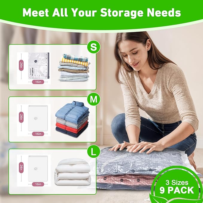 Vacuum Seal Bags for Clothing with Wireless Electric Pump - Travel & Home Use, 9 Pack Ideal Space Saver Vacuum Storage Bags, Travel Vacuum Bags for Luggage