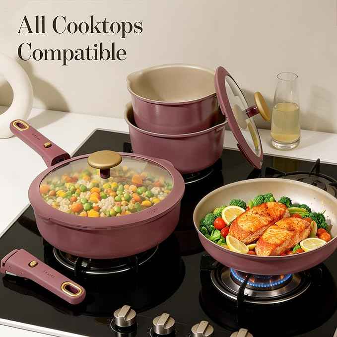 CAROTE 18Pcs Titanium Reinforced Nonstick Pots and Pans Set, Nonstick Cookware Set with Detachable Handle, Induction Kitchen Cookware Sets Removable Handles, Dishwasher Safe, Oven Safe, Red
