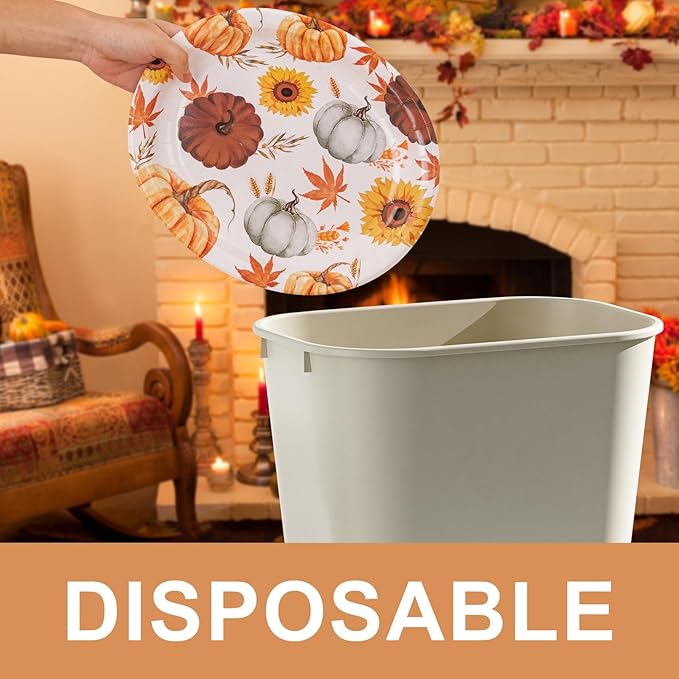 WDF 50 Pack Fall Oval Paper Plates - 10" x 12" Pumpkin and Maple Large Paper Plate - Thanksgiving Autumn Leaves Plates Disposable Heavy Duty Dinner Size - Suitable For Thanksgiving/Fall Theme Party