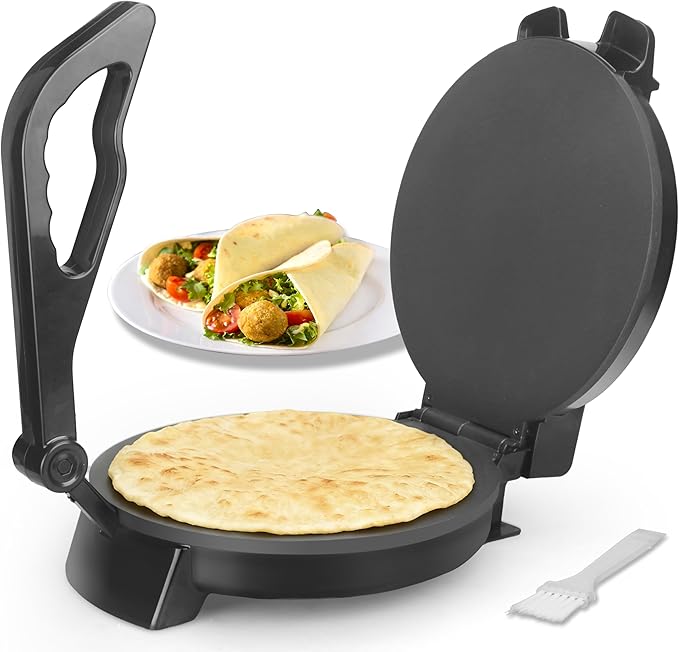 FineMade Compact 10'' Roti Maker Machine, Electric Tortilla Press with Detachable Handle, Prensa Para Tortillas,Chapati Maker Machine, Burrito Maker, Tortillera, Black