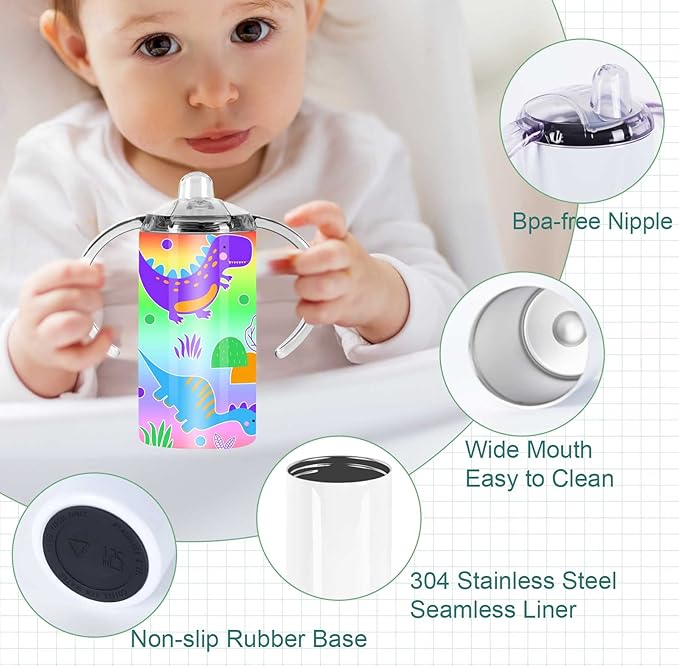 12 Oz Sublimation Sippy Cup 4 Pack, Kids Sublimation Sippy Tumblers, Stainless Steel Todder Water Bottle