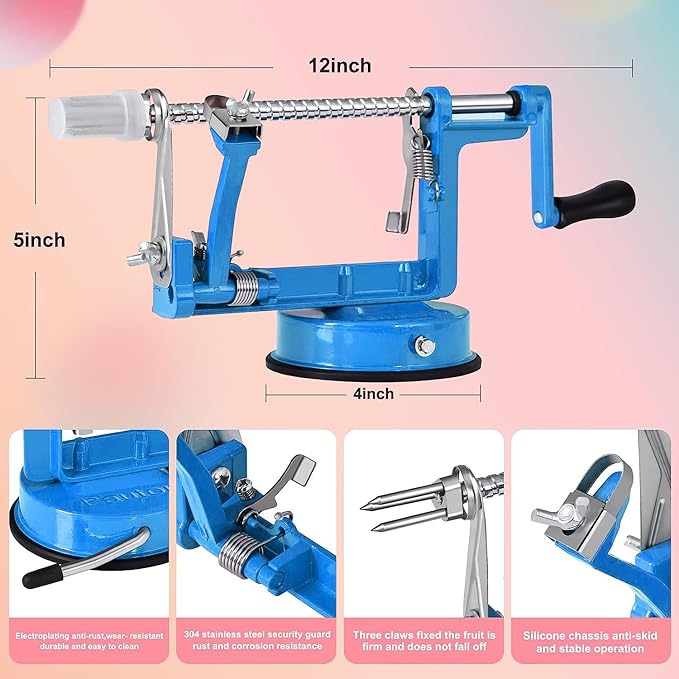 Apple Peeler, Slicer Corer Potato Peelers 3 In 1, Stainless Steel Heavy Duty with Suction Cup Base And 3 Extra Blades (Blue)