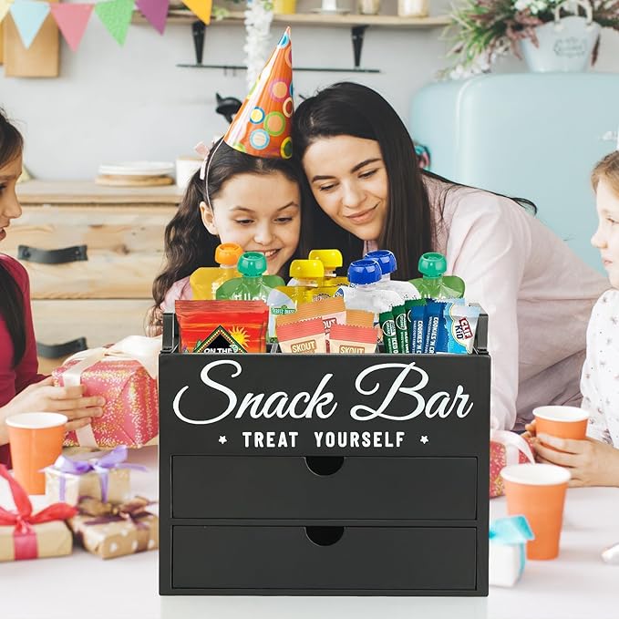 Snack Organizer for Countertop, Wood Pantry Storage Bins with Handles, Snack Organizer for Pantry, Kitchen, 4 Compartment Food Container Snack Box with 2 Drawers, Pantry Organizer for Snacks, Chips