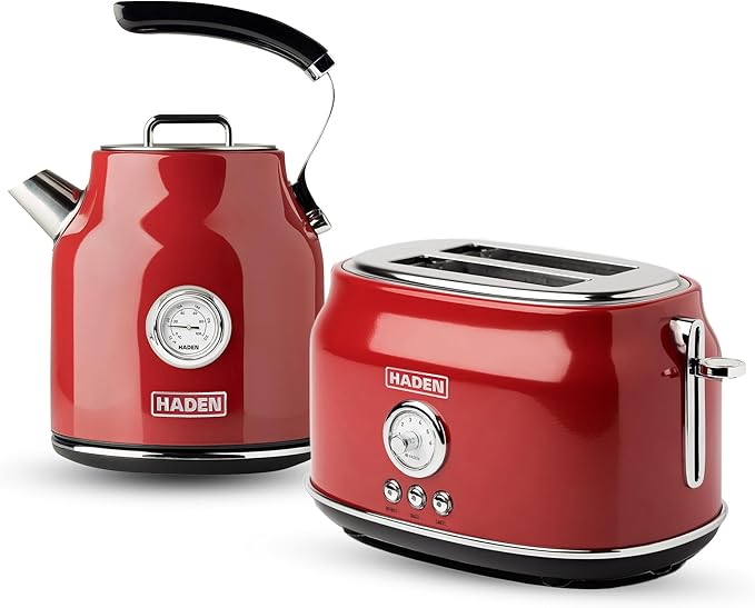 Haden Dorset Wide Slot Stainless Steel 2 Slice Retro Toaster and Dorset 1.7 Liter Stainless Steel Electric Water Kettle, Red