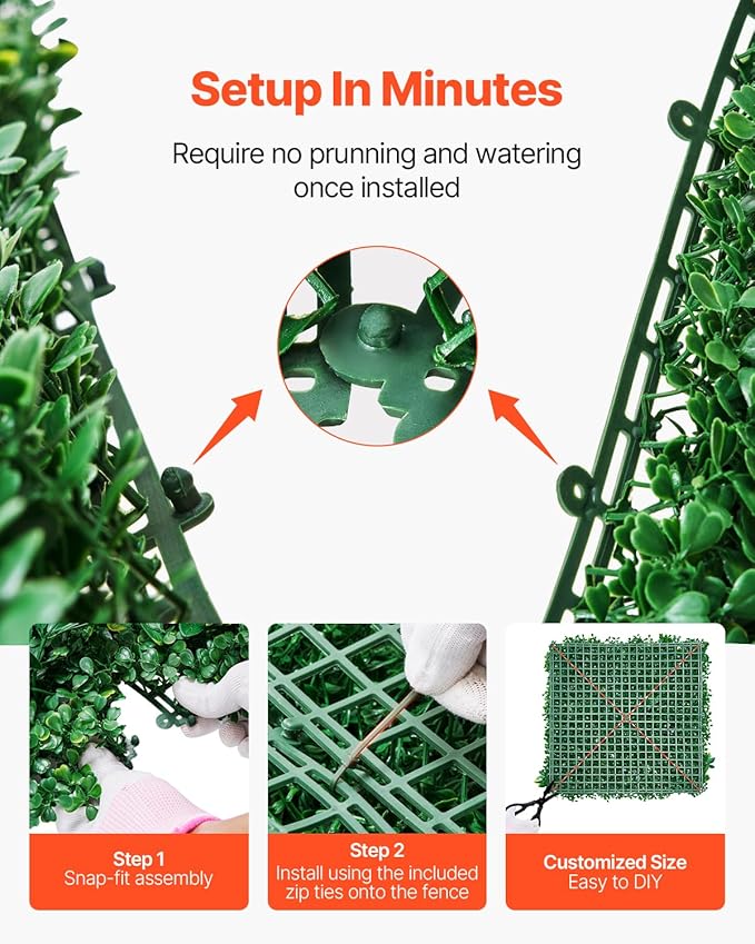 VEVOR Artificial Grass Wall Panels, 12 PCS 20 x 20 inch, 3D Combination Greenery Boxwood Panel for Indoor Outdoor Green Decor & Ivy Fence Covering, Privacy Backdrop Wall Hedge Screen for Garden