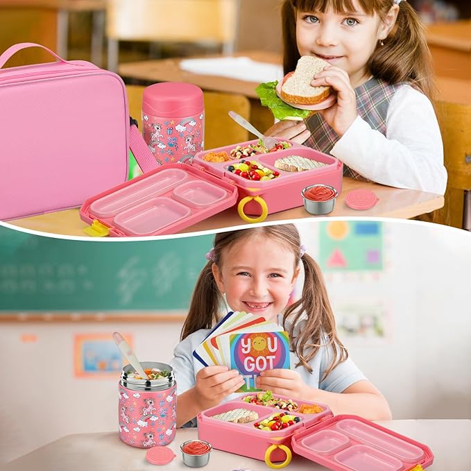 wiwens Bento Lunch Box for Kids with 12oz Soup Thermo Leak-Proof Lunch Food Container with 5 Compartment Thermo Hot Food Jar and Insulated Lunch Bag for Kid Toddler Girls Boys to School