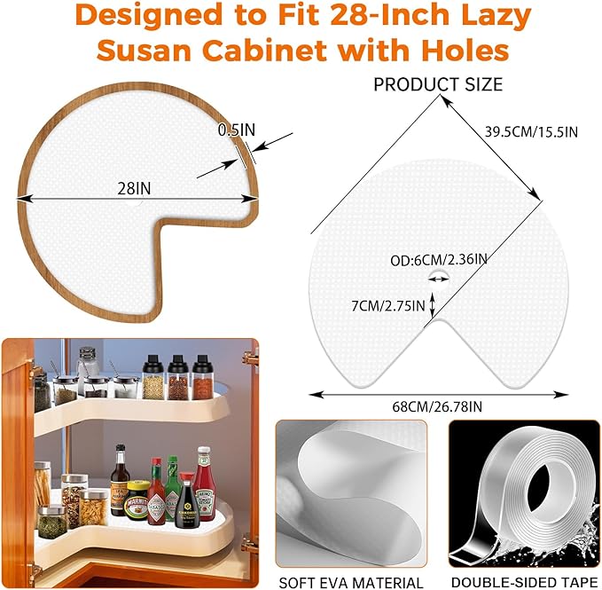 4 Pack 26In Lazy Susan Shelf Liner, Upgraded Composite Materials Circle Lazy Susan Liner for Kitchen Cabinets, Non Adhesive Liners Mats for Shelf Drawer Refrigerator Cupboard (4 Pack-White)
