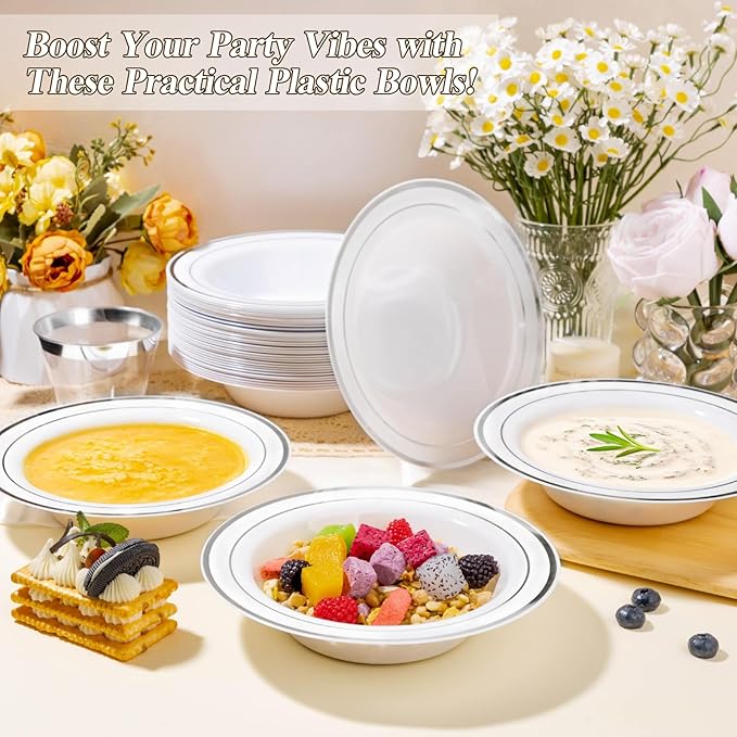 100 Pack Disposable Soup Bowls with Silver Rim, 12oz Premium Heavy Duty Plastic Dinner Bowls for Party, Wedding and Holiday